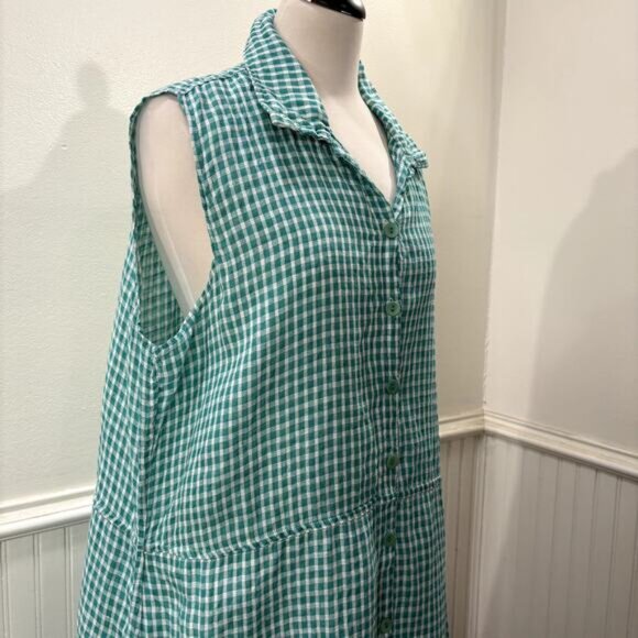 FLAX Design Size L Dress Maxi Jade Green Gingham 100% Linen Woven Sleeveless - Picture 11 of 14